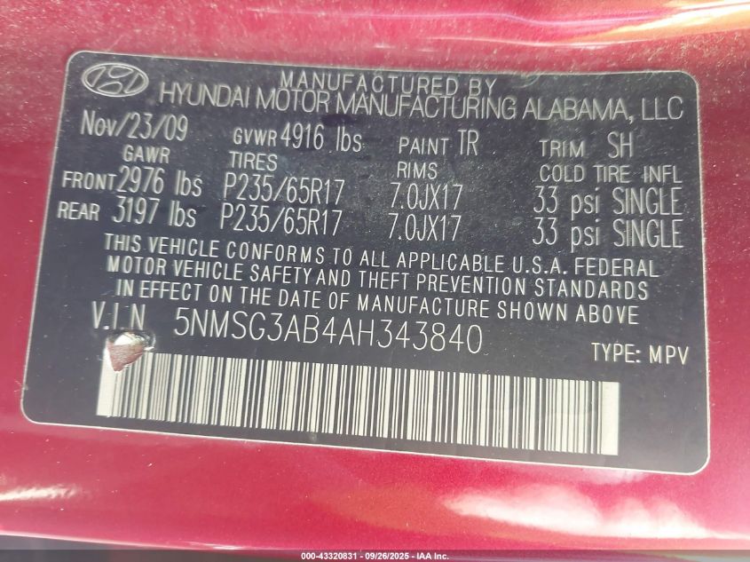 2010 Hyundai Santa Fe Gls VIN: 5NMSG3AB4AH343840 Lot: 43320831