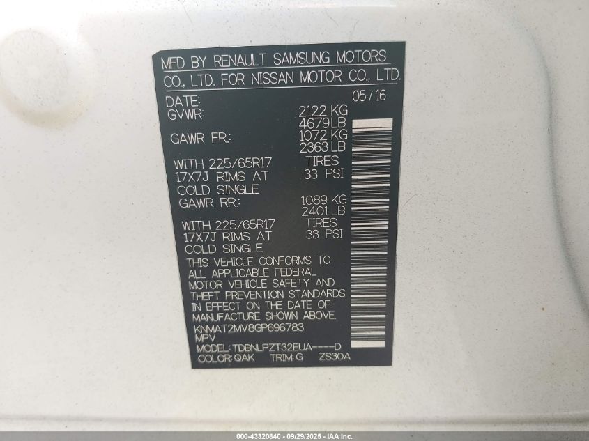 2016 Nissan Rogue S VIN: KNMAT2MV8GP696783 Lot: 43320840