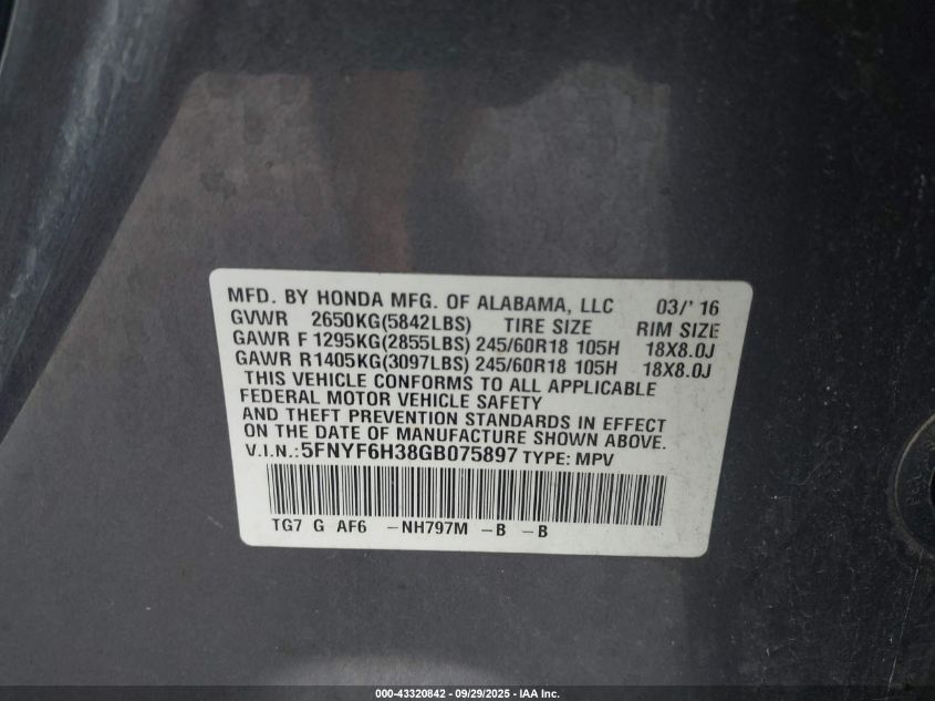2016 Honda Pilot Ex VIN: 5FNYF6H38GB075897 Lot: 43320842