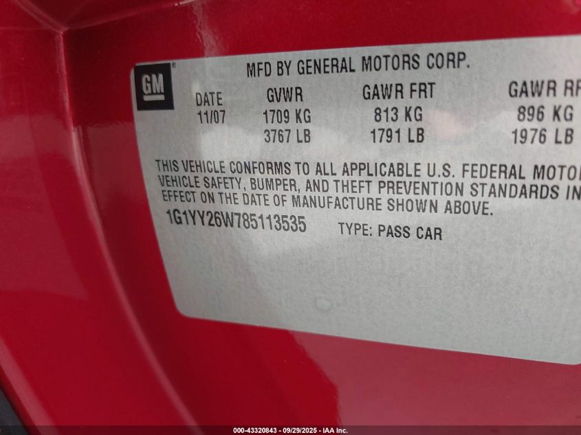 2008 Chevrolet Corvette VIN: 1G1YY26W785113535 Lot: 43320843