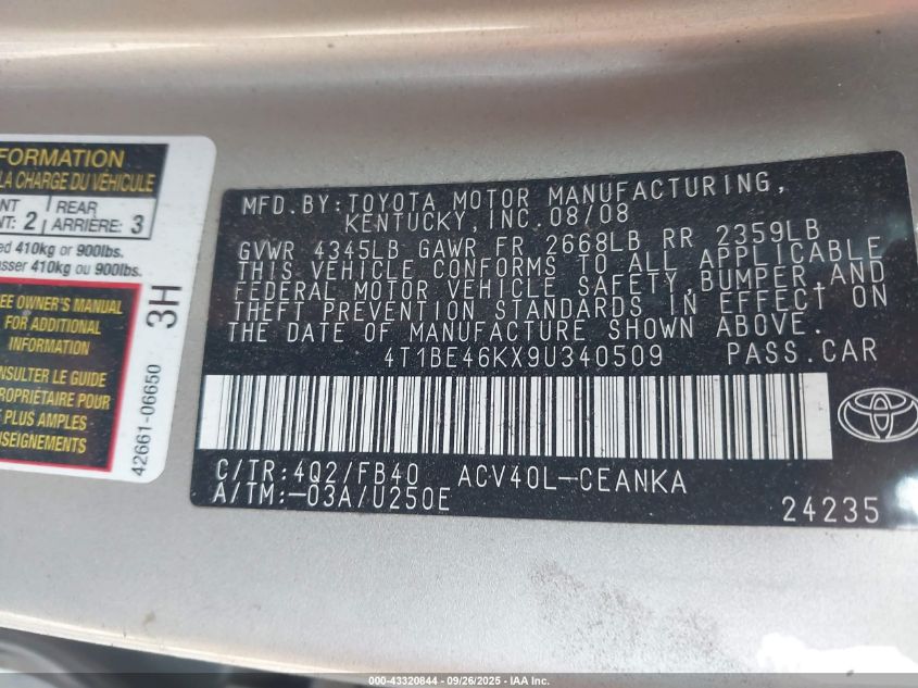 2009 Toyota Camry VIN: 4T1BE46KX9U340509 Lot: 43320844
