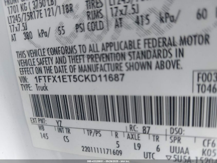 2012 Ford F-150 Xl VIN: 1FTFX1ET5CKD11687 Lot: 43320851