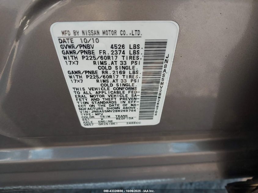 2011 Nissan Rogue Sv VIN: JN8AS5MV2BW269784 Lot: 43320856