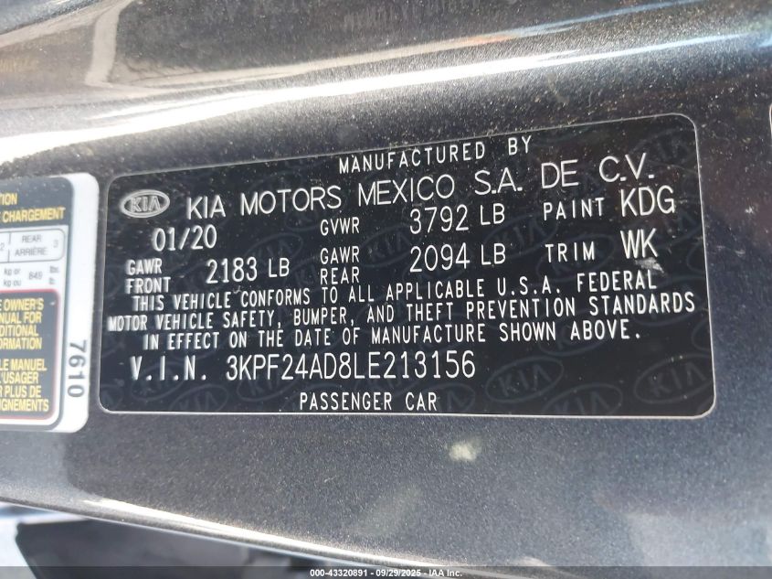 2020 Kia Forte Lxs VIN: 3KPF24AD8LE213156 Lot: 43320891