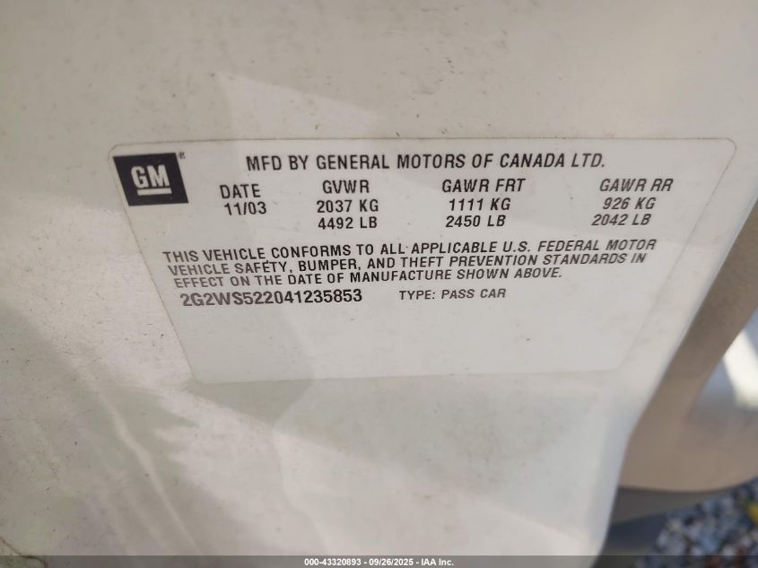 2004 Pontiac Grand Prix Gt2 VIN: 2G2WS522041235853 Lot: 43320893