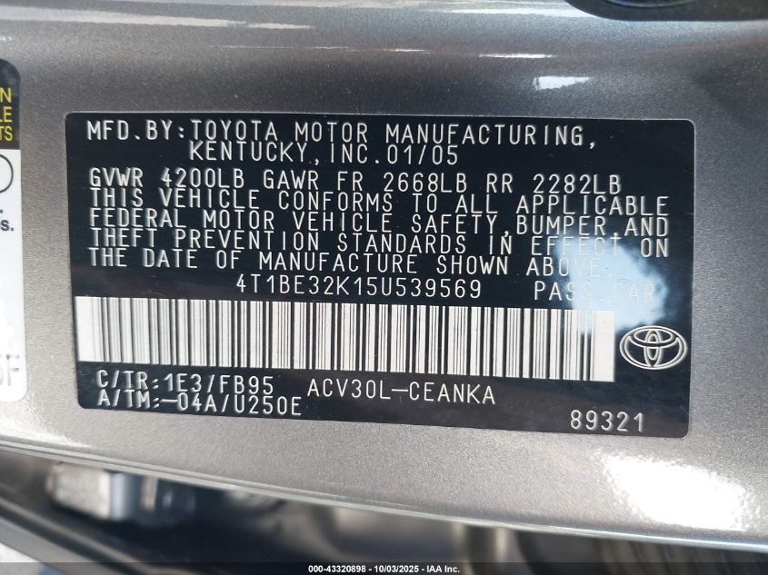 2005 Toyota Camry Le VIN: 4T1BE32K15U539569 Lot: 43320898