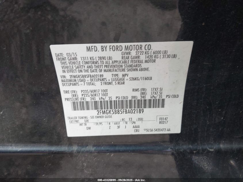 2015 Ford Flex Se VIN: 2FMGK5B85FBA02189 Lot: 43320899