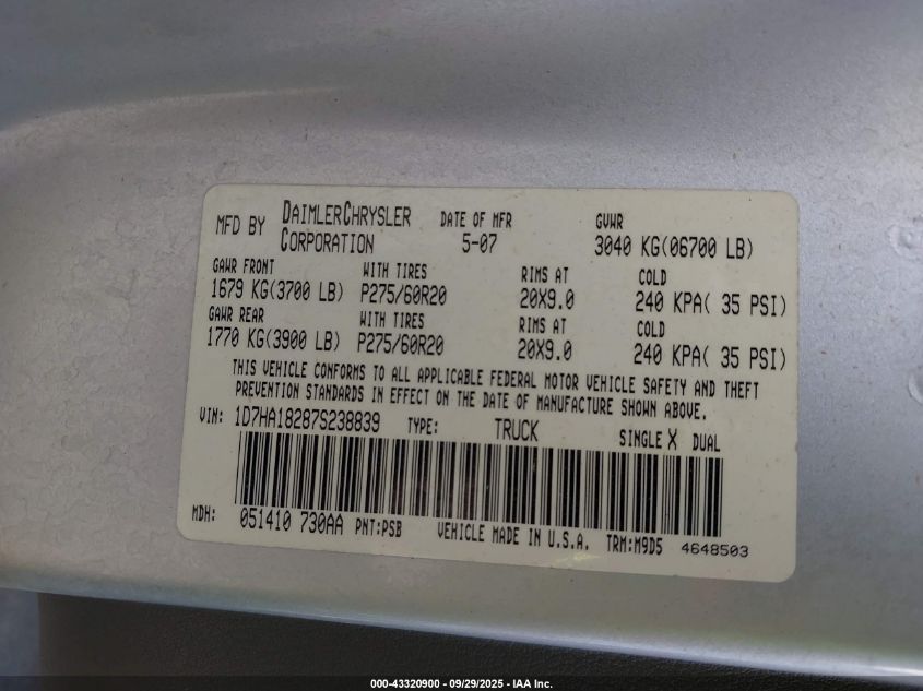 2007 Dodge Ram 1500 Slt VIN: 1D7HA18287S238839 Lot: 43320900