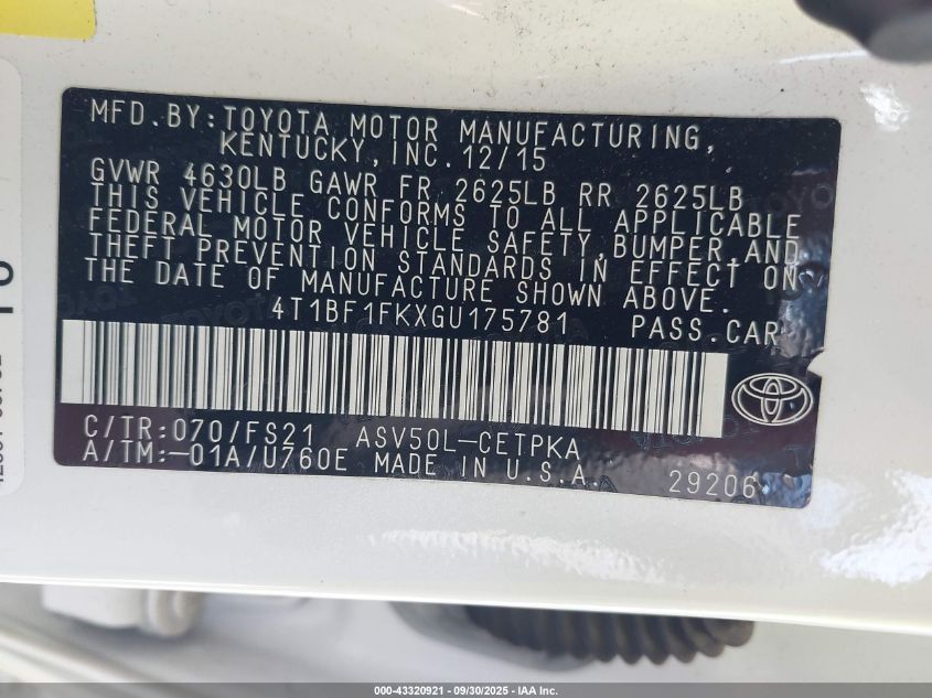 2016 Toyota Camry Se VIN: 4T1BF1FKXGU175781 Lot: 43320921