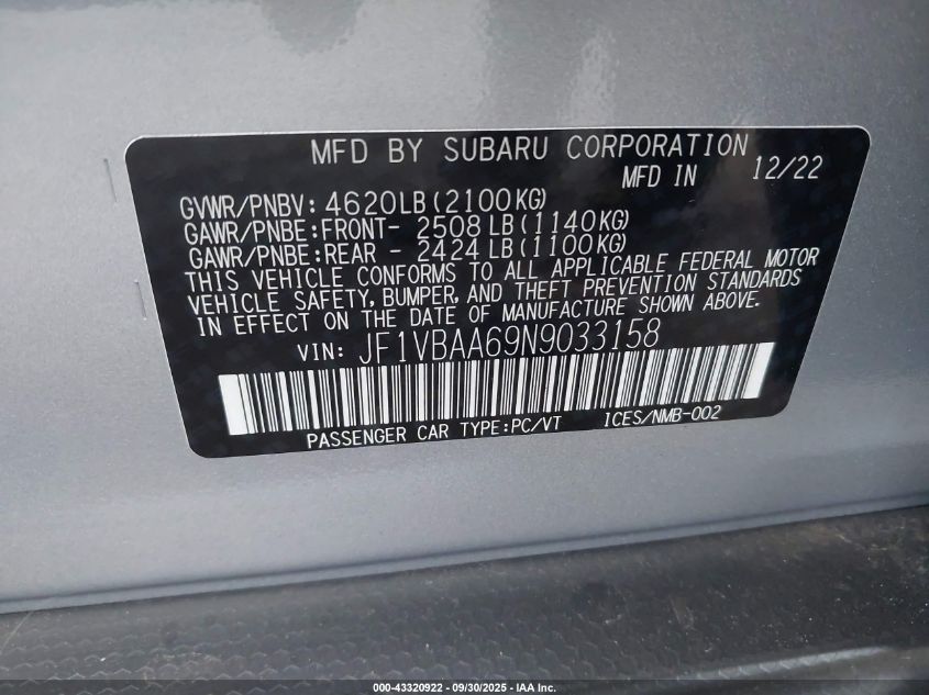 2022 Subaru Wrx VIN: JF1VBAA69N9033158 Lot: 43320922
