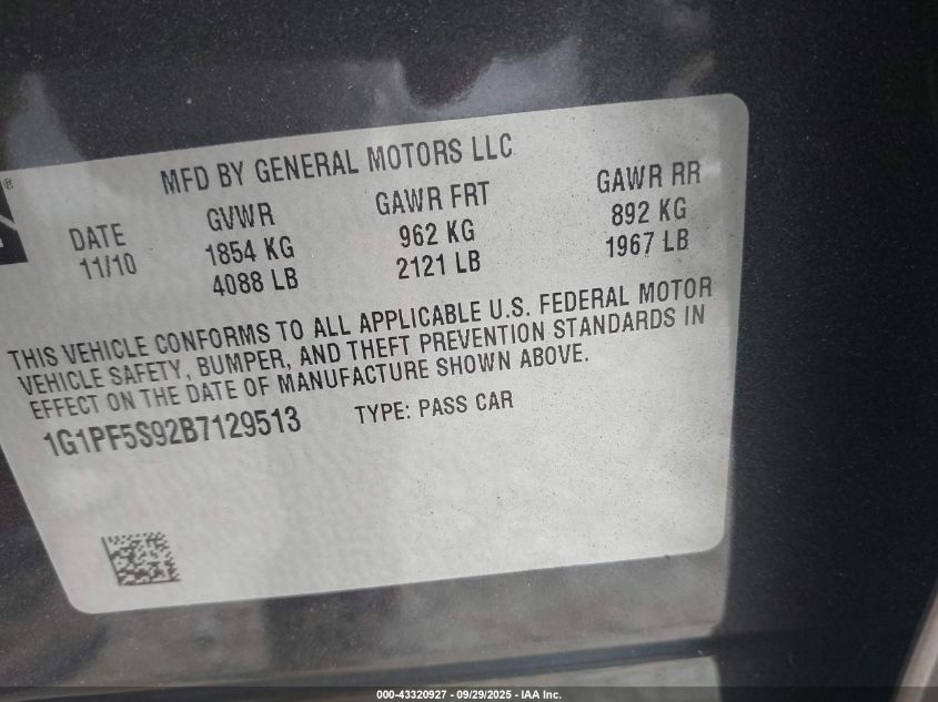 2011 Chevrolet Cruze 1Lt VIN: 1G1PF5S92B7129513 Lot: 43320927