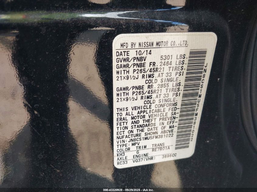 2015 Infiniti Qx70 VIN: JN8CS1MU5FM381022 Lot: 43320928