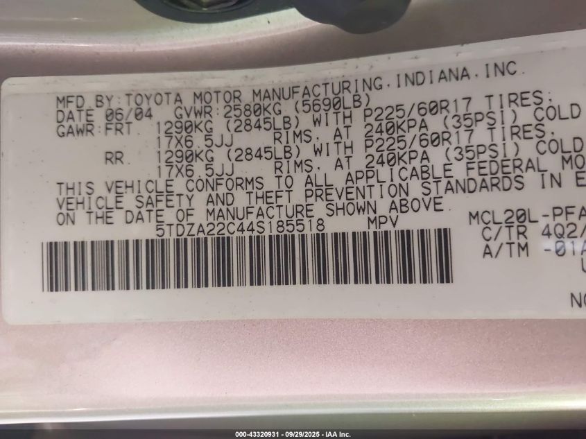 2004 Toyota Sienna Xle Limited VIN: 5TDZA22C44S185518 Lot: 43320931