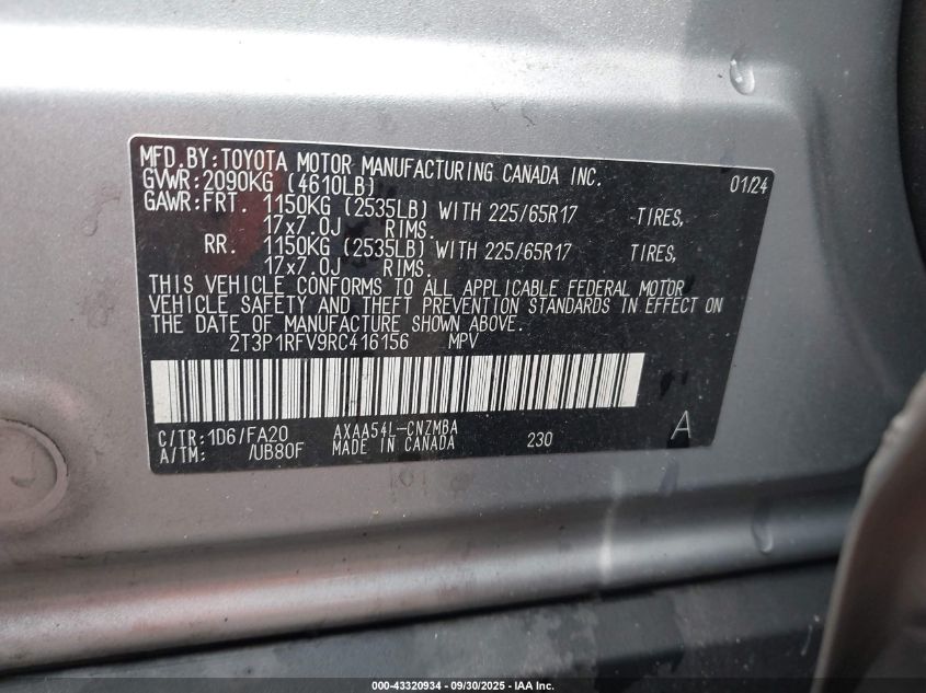 2024 Toyota Rav4 Xle VIN: 2T3P1RFV9RC416156 Lot: 43320934