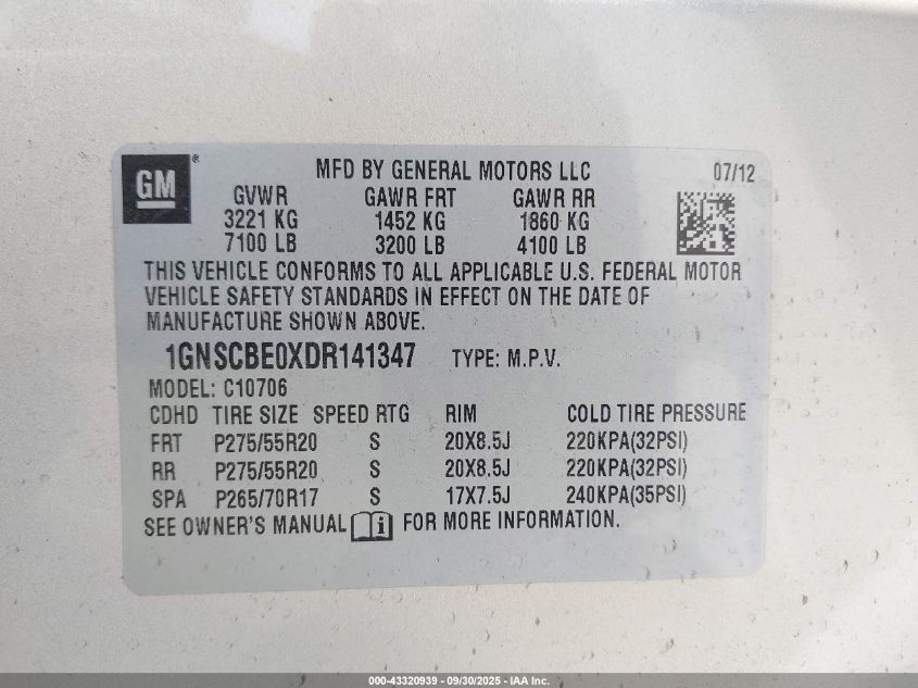 2013 Chevrolet Tahoe Lt VIN: 1GNSCBE0XDR141347 Lot: 43320939