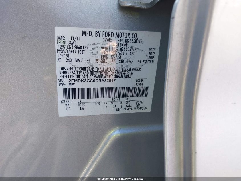 2012 Ford Edge Se VIN: 2FMDK3GC0CBA53647 Lot: 43320943