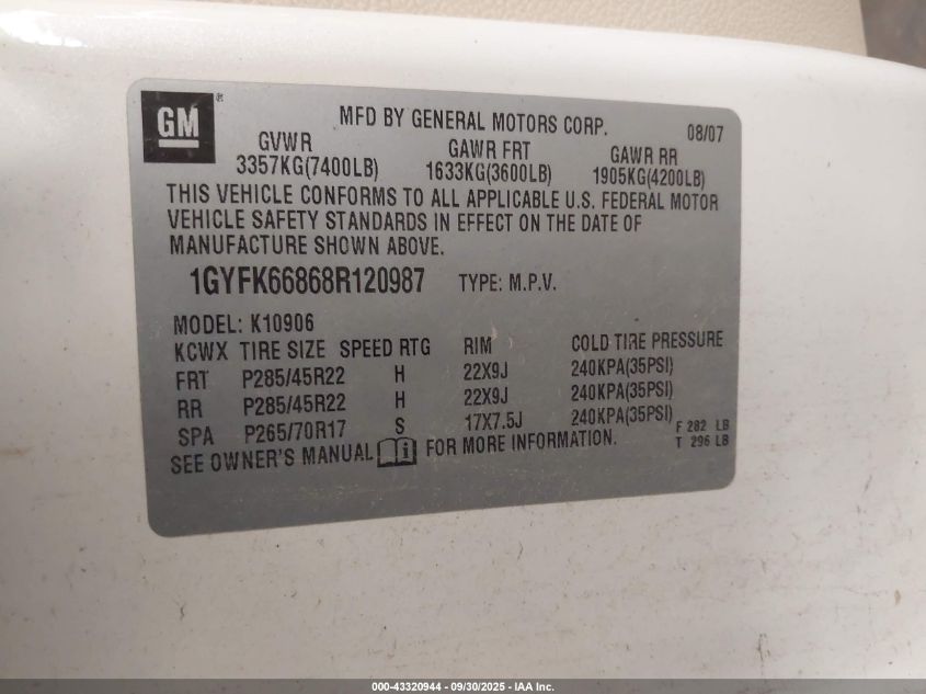 2008 Cadillac Escalade Esv Standard VIN: 1GYFK66868R120987 Lot: 43320944