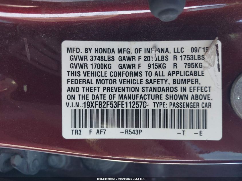 2015 Honda Civic Lx VIN: 19XFB2F53FE112570 Lot: 43320950