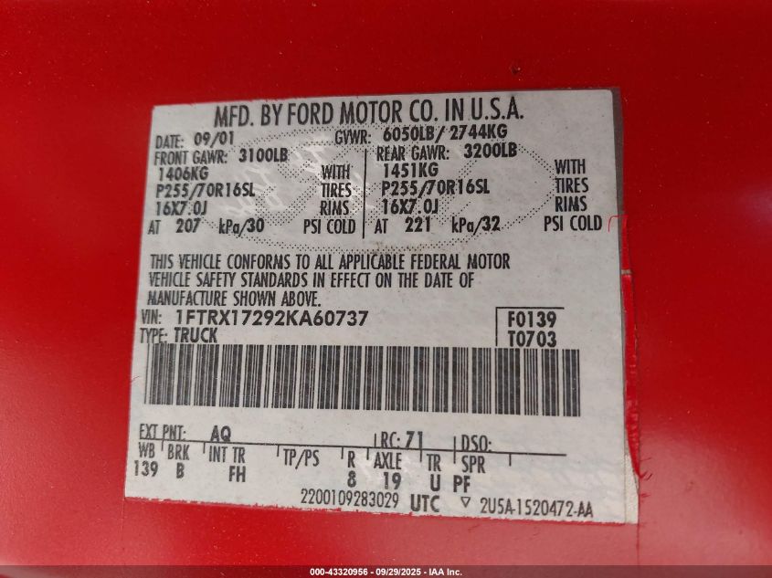 2002 Ford F-150 Xl/Xlt VIN: 1FTRX17292KA60737 Lot: 43320956