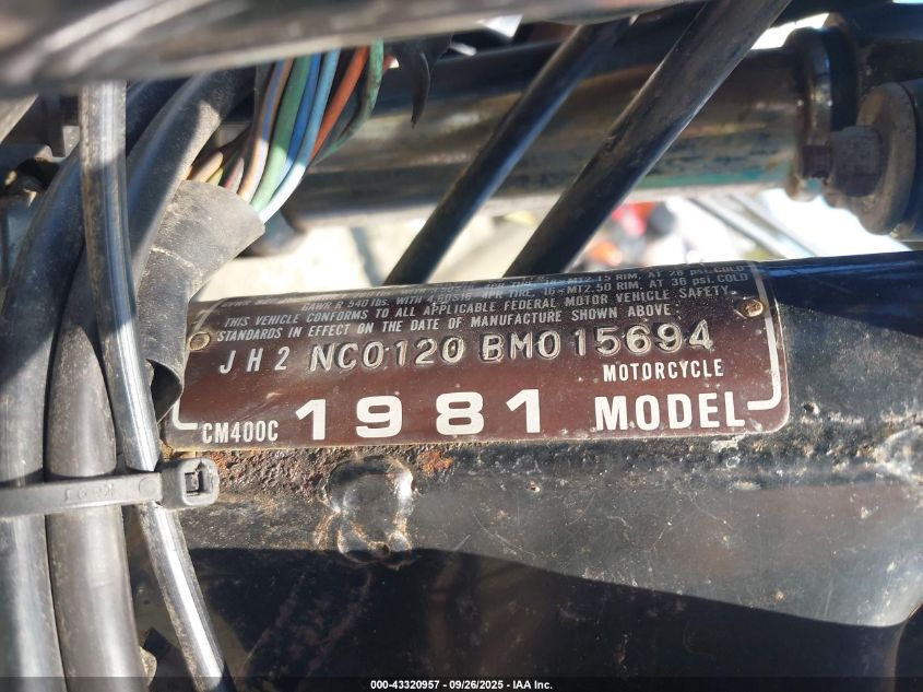 1981 Honda Cm400 C VIN: JH2NC0120BM015694 Lot: 43320957