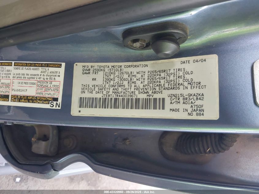 2004 Toyota 4Runner Limited V8 VIN: JTEBT17R440039671 Lot: 43320960