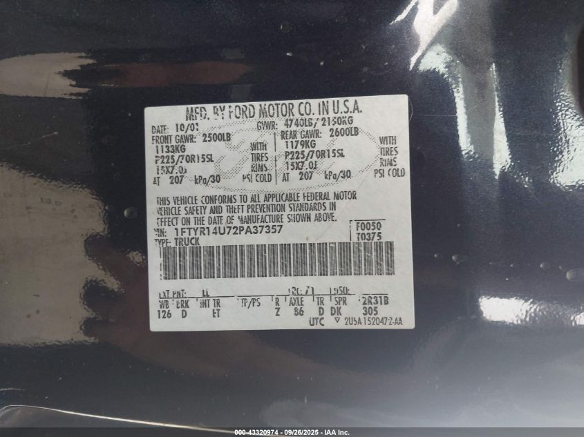 2002 Ford Ranger Edge/Tremor/Xl/Xlt VIN: 1FTYR14U72PA37357 Lot: 43320974