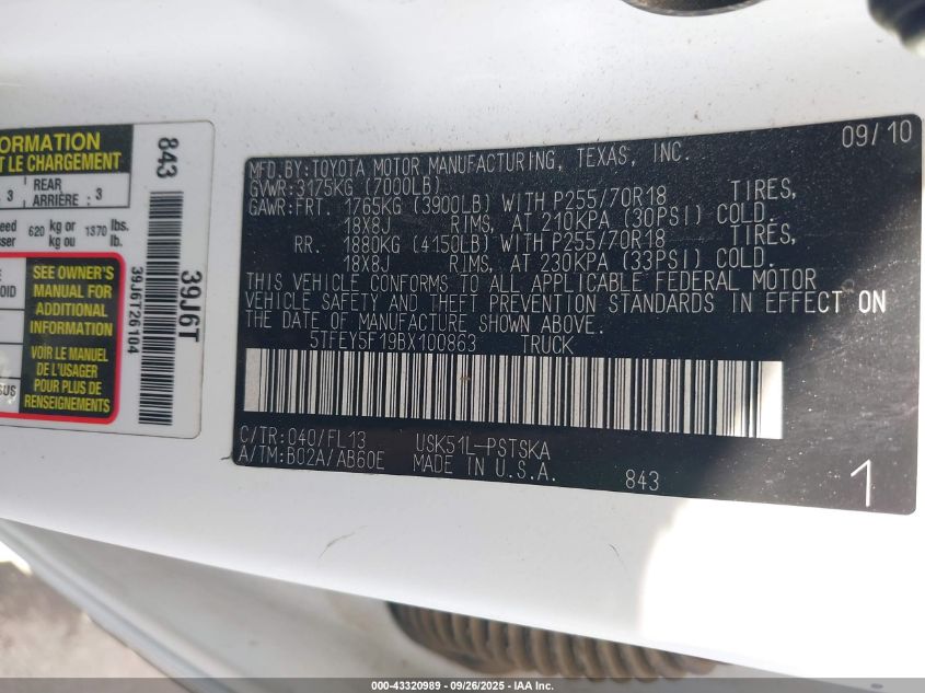 2011 Toyota Tundra Grade 5.7L V8 VIN: 5TFEY5F19BX100863 Lot: 43320989