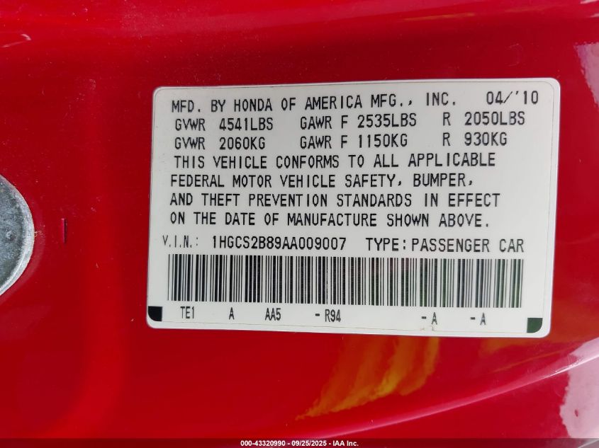 2010 Honda Accord 3.5 Ex-L VIN: 1HGCS2B89AA009007 Lot: 43320990