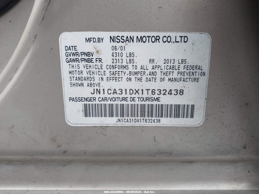 2001 Nissan Maxima Gxe VIN: JN1CA31DX1T632438 Lot: 43320994