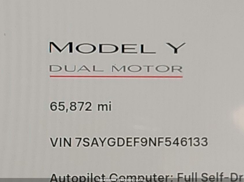 2022 Tesla Model Y Performance Dual Motor All-Wheel Drive VIN: 7SAYGDEF9NF546133 Lot: 43320996