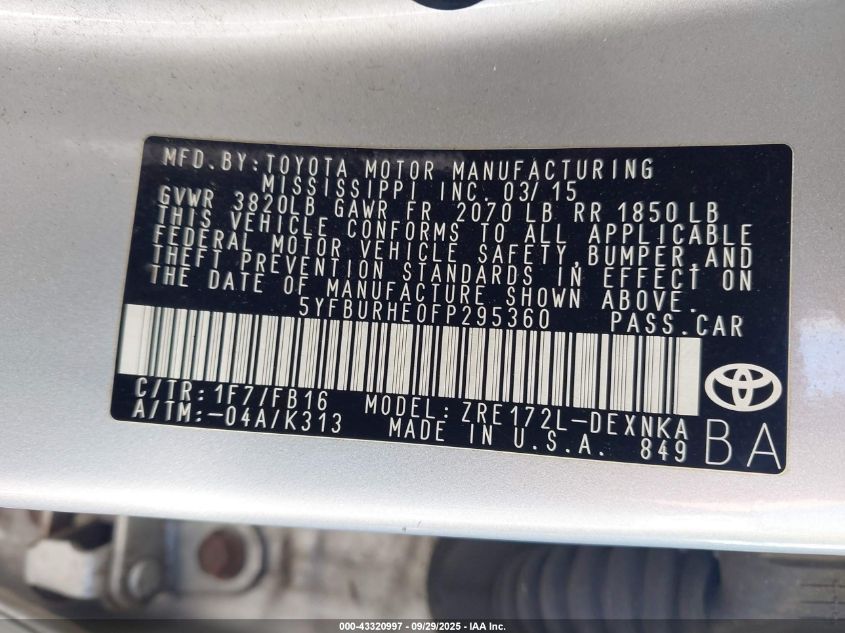 2015 Toyota Corolla Le VIN: 5YFBURHE0FP295360 Lot: 43320997