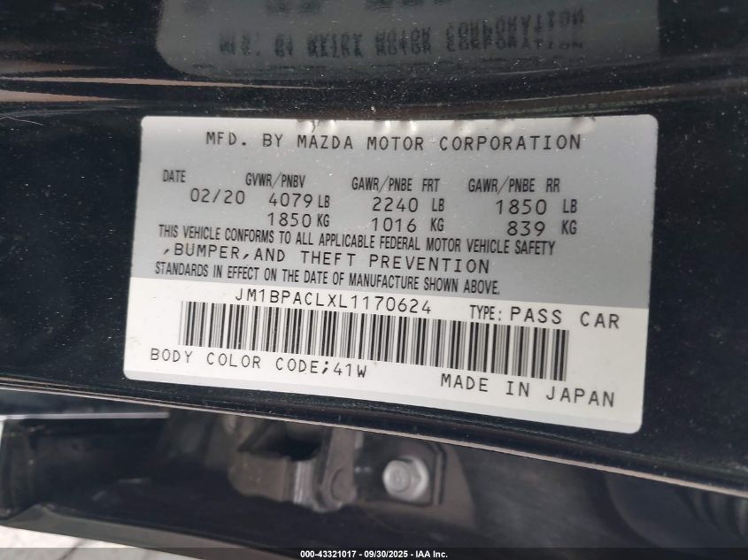 2020 Mazda Mazda3 Select Package VIN: JM1BPACLXL1170624 Lot: 43321017