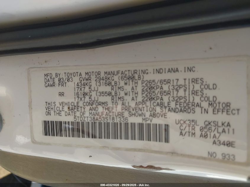 2003 Toyota Sequoia Limited V8 VIN: 5TDZT38A53S181336 Lot: 43321020