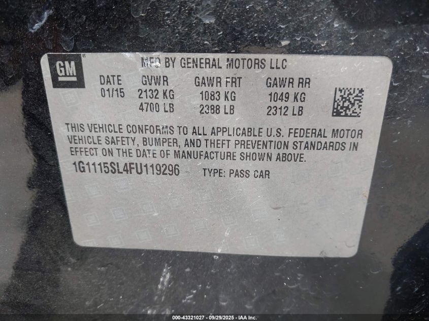 2015 Chevrolet Impala 1Lt VIN: 1G1115SL4FU119296 Lot: 43321027