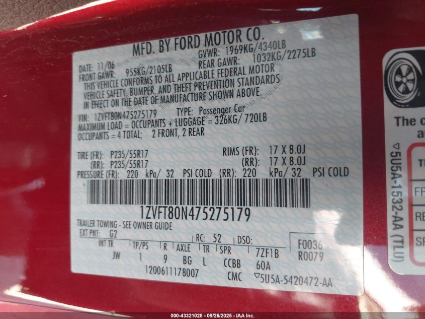 2007 Ford Mustang V6 Deluxe/V6 Premium VIN: 1ZVFT80N475275179 Lot: 43321028