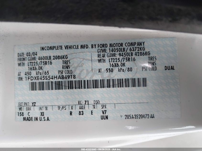 2004 Ford E-450 Cutaway Standard VIN: 1FDXE45S54HA84918 Lot: 43321043