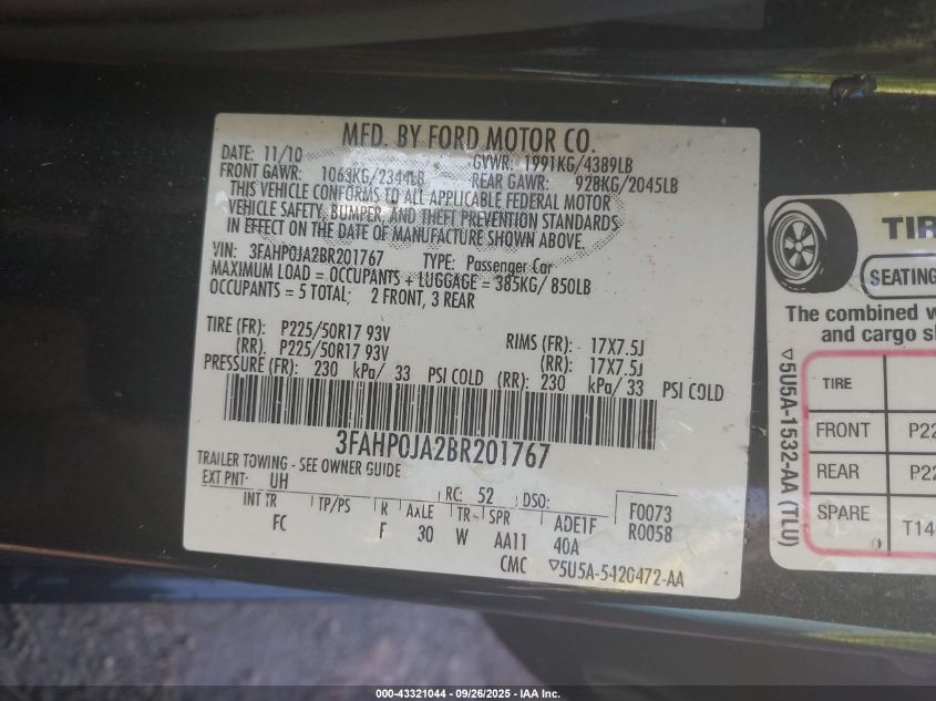 2011 Ford Fusion Sel VIN: 3FAHP0JA2BR201767 Lot: 43321044