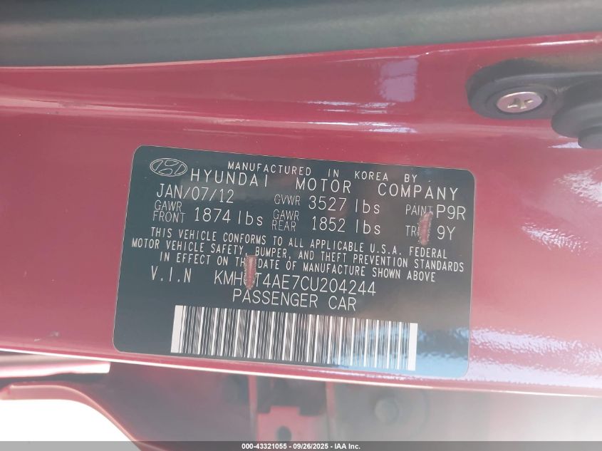 2012 Hyundai Accent Gls VIN: KMHCT4AE7CU204244 Lot: 43321055