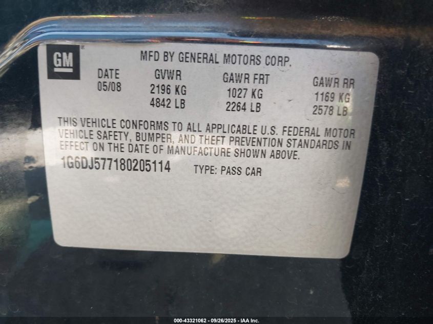 2008 Cadillac Cts Standard VIN: 1G6DJ577180205114 Lot: 43321062