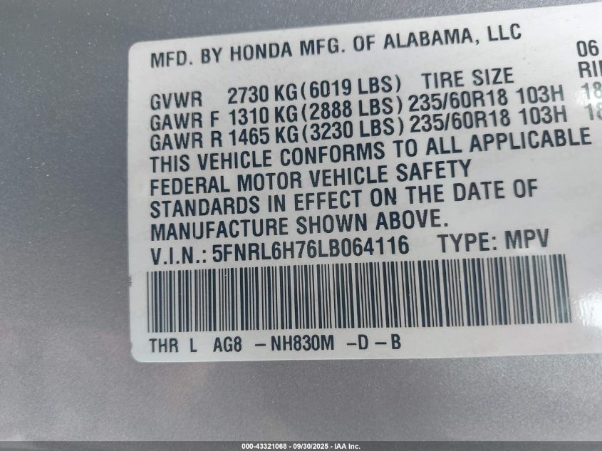 2020 Honda Odyssey Ex-L/Ex-L W/Navi Res VIN: 5FNRL6H76LB064116 Lot: 43321068
