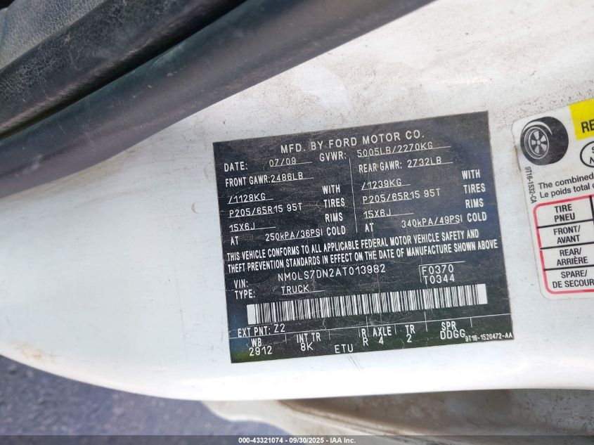 2010 Ford Transit Connect Xlt VIN: NM0LS7DN2AT013982 Lot: 43321074