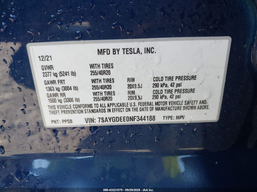 2022 Tesla Model Y Long Range Dual Motor All-Wheel Drive VIN: 7SAYGDEE0NF344188 Lot: 43321079