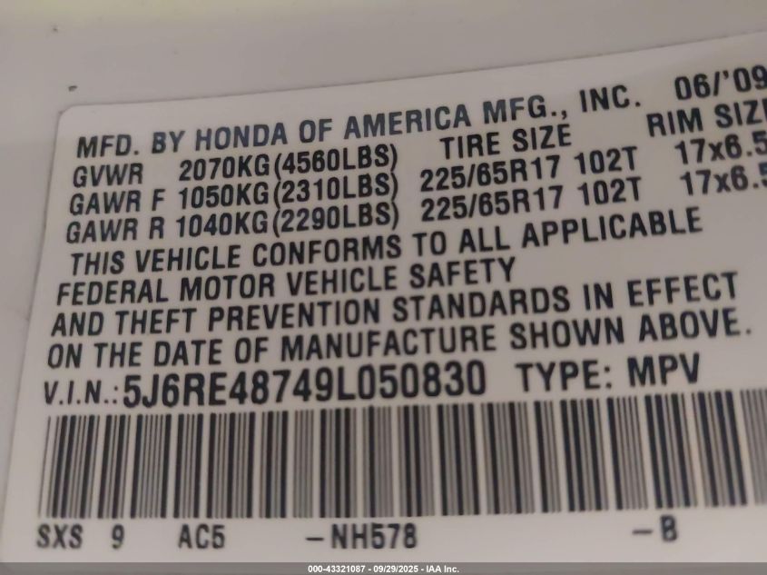 2009 Honda Cr-V Ex-L VIN: 5J6RE48749L050830 Lot: 43321087