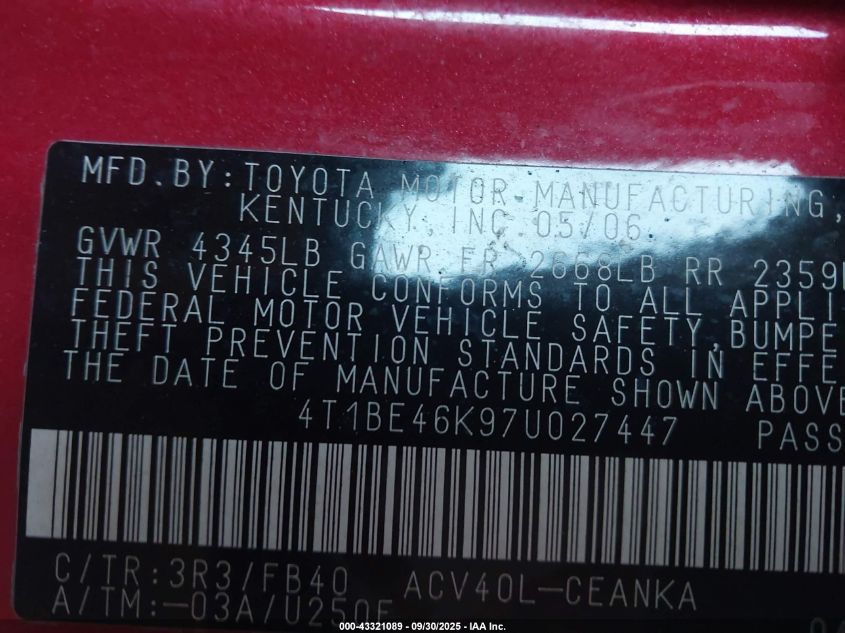 2007 Toyota Camry Le VIN: 4T1BE46K97U027447 Lot: 43321089