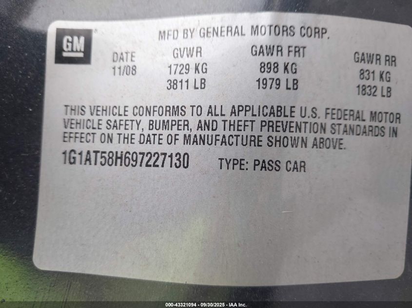 2009 Chevrolet Cobalt Lt VIN: 1G1AT58H697227130 Lot: 43321094