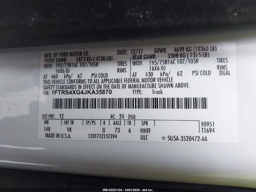 2018 Ford Transit-350 VIN: 1FTRS4XG4JKA35870 Lot: 43321134