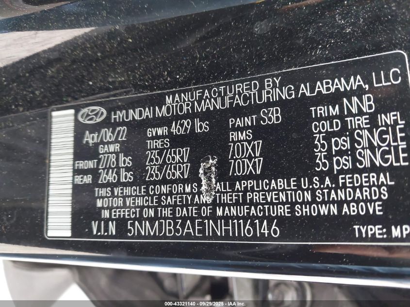 2022 Hyundai Tucson Sel VIN: 5NMJB3AE1NH116146 Lot: 43321140