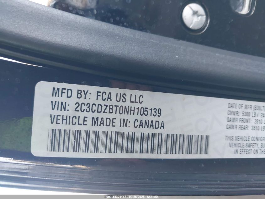 2022 Dodge Challenger R/T VIN: 2C3CDZBT0NH105139 Lot: 43321147