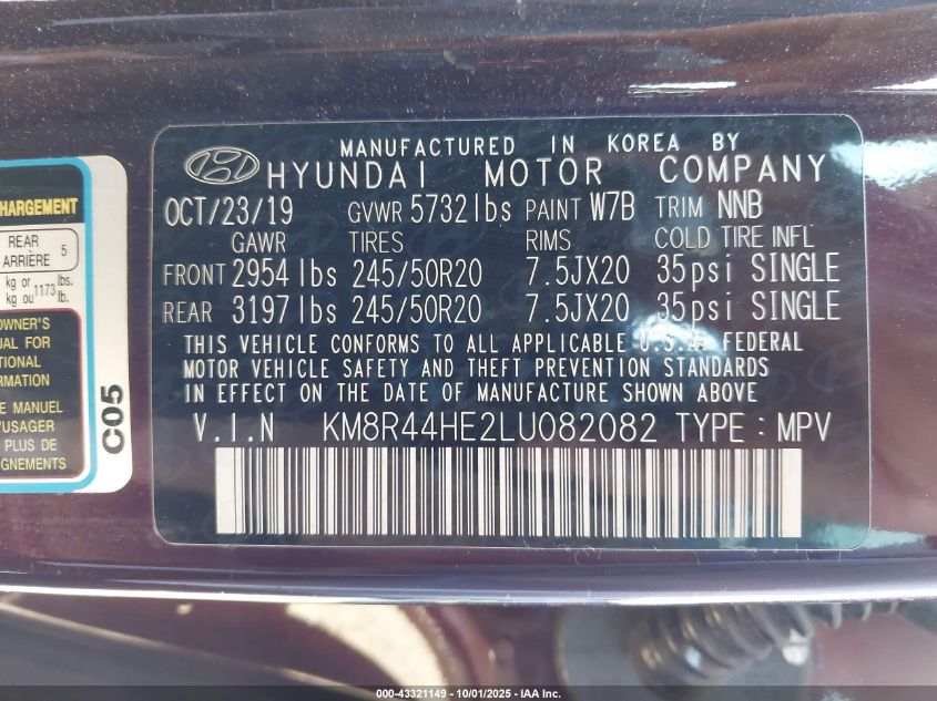 2020 Hyundai Palisade Sel VIN: KM8R44HE2LU082082 Lot: 43321149
