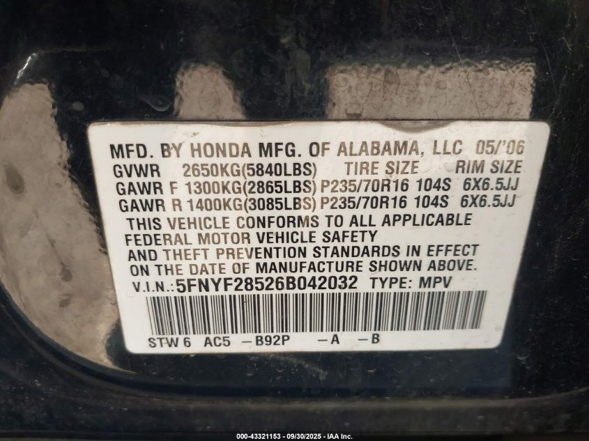 2006 Honda Pilot Ex-L VIN: 5FNYF28526B042032 Lot: 43321153